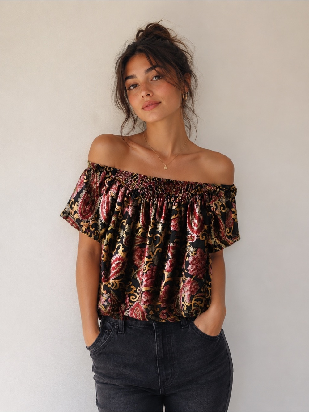 Anthropologie Off-The-Shoulder Paisley Velvet Shirt